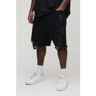 Mens True Black Plus Relaxed Ripped Gusset Denim Shorts