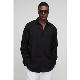 Mens Black Oversized Long Sleeve Collared Linen Blend Shirt