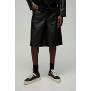 Mens Black Fixed Waistband Textured PU Jorts