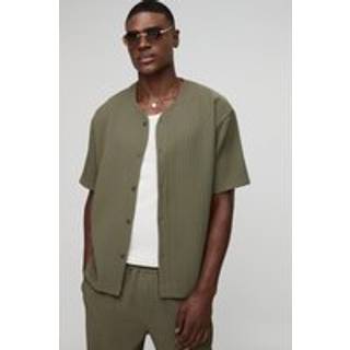 Mens Olive Oversized Collarless Pleated Short Sleeve Shirt