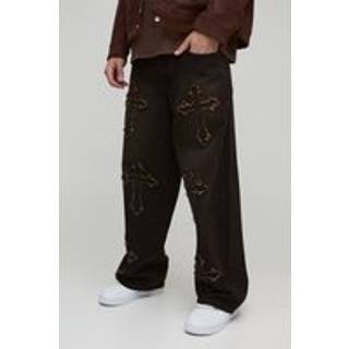 Mens Brown Baggy Rigid Cross Applique Denim Jeans