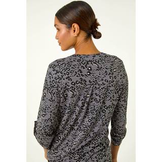 Roman Roman Grey Animal Print Stretch Blouse
