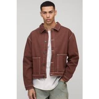 Mens Tan Boxy Harrington Contrast Stitch Denim Jacket