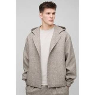 Mens Taupe Tall Oversized Boucle Hooded Button Up Overshirt
