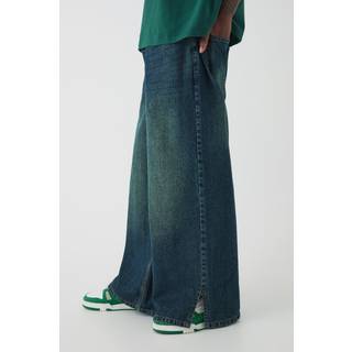 Mens Green Baggy Rigid Extreme Washed Split Hem Denim Jeans