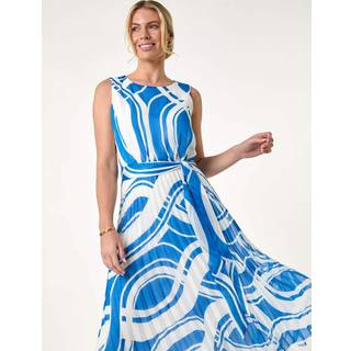 Roman Roman Blue Petite Print Tie Waist Pleated Dress
