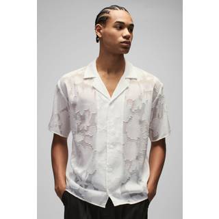 Mens White Oversized Organza Floral Revere Shirt