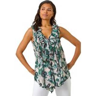 Roman Roman Green Abstract Print Frill Pintuck Detail Top