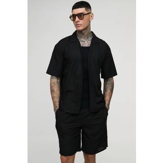 Mens Black Tall Short Sleeve Oversized Linen Shirt & Short Set