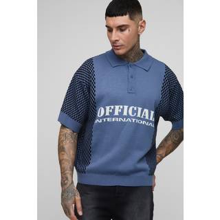 Mens Blue Tall Oversized Boxy Check Official Moto Knitted Polo