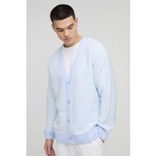 Mens Light Blue Oversized Reverse Jacquard Knitted Cardigan