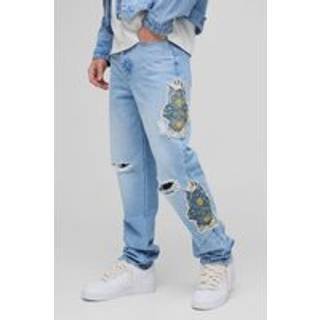 Mens Light Blue Slim Stacked All Over Rip & Repair Contrast Stitch Jeans