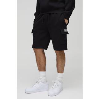 Mens Black Loose Fit Mid Length BM Signature Label Cargo Shorts