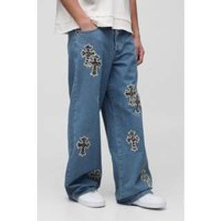 Mens Light Wash Tall Baggy Rigid Leopard Cross Applique Denim Jeans