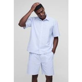 Mens White Oversized Linen Look Stripe Half Sleeve Shirt & Short Set
