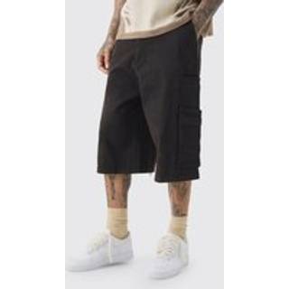 Mens Black Tall Zip Detail Acid Wash Twill Longline Shorts