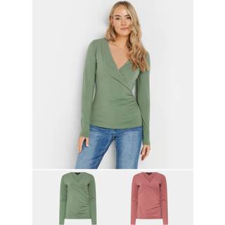 Lts Tall 2 Pack Sage Green & Pink Wrap Tops 8 Lts | Tall Women's Women's Multipack Tops & Vests