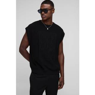 Mens Black Man Oversized Crew Neck Rope Embroidered Knitted Vest