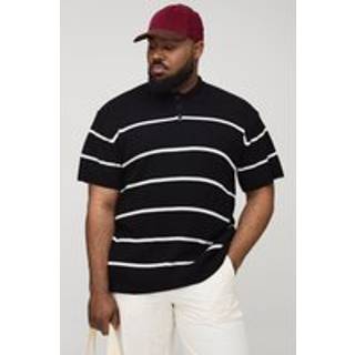 Mens Black Plus Stripe Ribbed Oversized Knit Polo