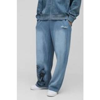 Mens Blue Wide Leg Graphic Washed Joggers