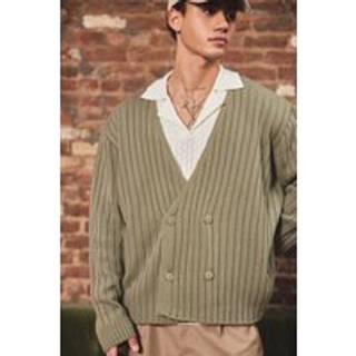 Mens Khaki Boxy Wrap Rib Knitted Cardigan
