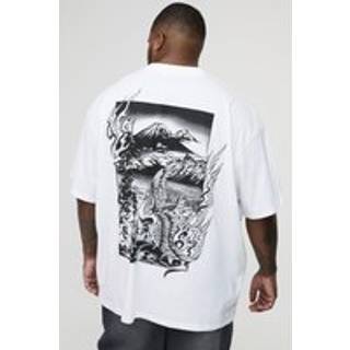 Mens White Plus Oversized Extended Neck Volcano Landscape Graphic T-shirt
