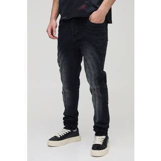 Mens Washed Black Skinny Stacked Washed Panelled Biker Jeans
