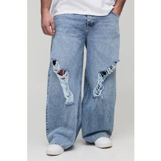 Mens Light Wash Plus Busted Knee Baggy Flared Jeans