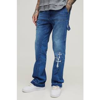 Mens Mid Wash Tall Gothic Cross Applique Carpenter Gusset Jeans