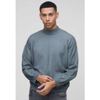 Mens Charcoal Relaxed Mock Neck Knitted Jumper