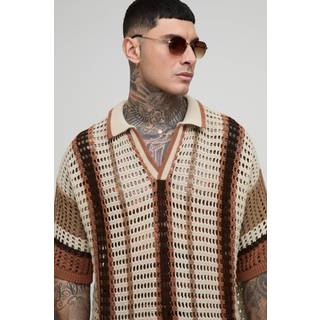 Mens Chocolate Tall Boxy Oversized Stripe Open Knit Polo