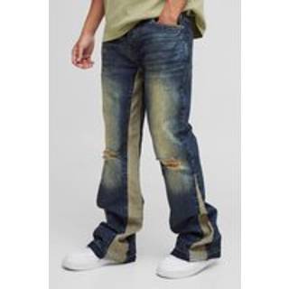 Mens Antique Wash Relaxed Rigid Flare Knee Ripped Denim Jeans