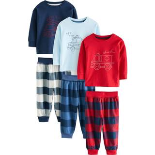 Next Red/Navy/Blue Vehicle Check Woven Bottom Pyjamas 3 Pack (9mths-12yrs)