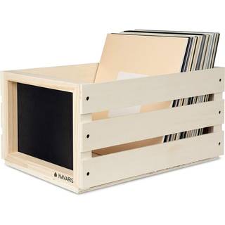 Navaris Wood Record Crate - Vinyl Album Storage Holder Box Wooden Case With Chalkboard Sign Board - Holder op til 80 LP Records - Natural