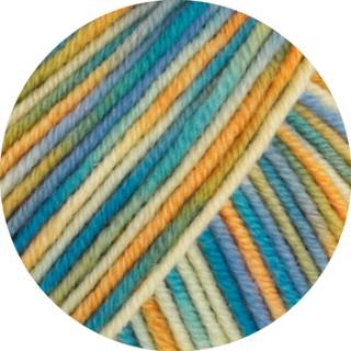 Lana Grossa Cool Wool Print 835 Vanilje/Æggegul/Oliven/Himmelblå/Petroleumgrøn/Blåpetroleum Indhold:100% ren ny, ekstrafin merinould Vægt/Længde: 50 g = ca. 160 meter Anbefalede pinde: 3-3.5 mm Strikkefasthed: 10 x 10 cm = 24 m x 34 p Vask:Finvask 30º/ Tørres fladt.