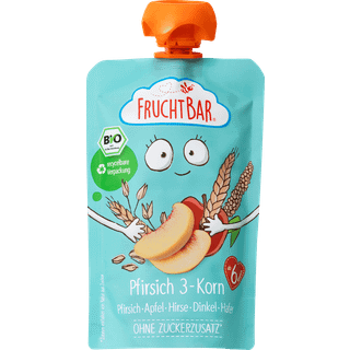 FruchtBar Økologisk frugtpuré med fersken og æble samt 3-kornsblanding af hirse, spelt og havre 109.50 DKK/1 kg (8 x 100.0g)