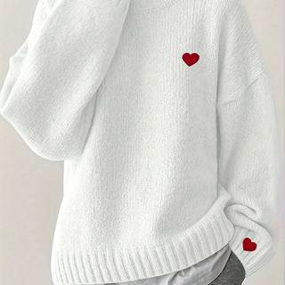 TEMU Viscose Casual Crew Neck Heart Pattern Knit Fabric Long Sleeve Pullover Sweater For Valentine's Day
