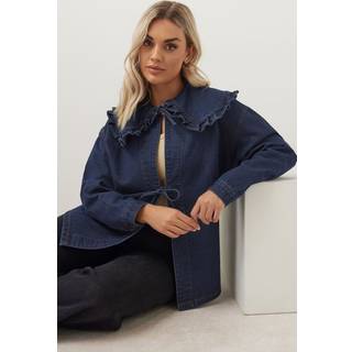 Yours Curve Yours Curve Blue Frilled Collar 100% Cotton Shacket With Tie