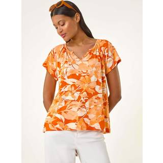 Roman Roman Orange Abstract Print Hanky Hem Stretch Top