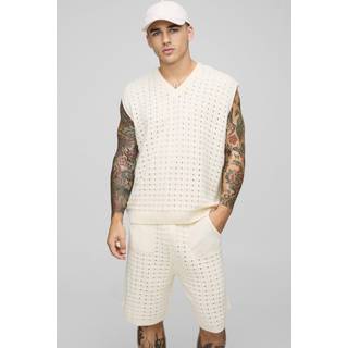Mens Ecru Oversized V Neck Vest & Relaxed Basketball Short Knitted Set
