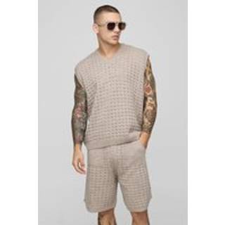 Mens Stone Oversized V Neck Vest & Relaxed Basketball Short Knitted Set