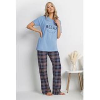 Lts Tall Blue Check 'Self Care' Slogan Wide Leg Pyjama Set 14-16 Lts | Tall Women's Pyjama Sets