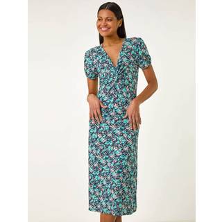 Roman Roman Blue Floral Front Twist Midi Dress