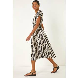 Roman Roman Black Abstract Print Shirred Midi Dress
