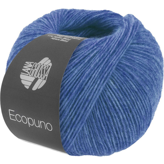 Lana Grossa Ecopuno 213 Ensianblå Indhold: 72% bomuld, 17% ren ny merinould, 11% baby alpaca Vægt/Længde: 50 g = ca. 215 meter Anbefalede pinde: 4-4.5 mm Strikkefasthed: 10 x 10 cm = 24 m x 30 p Vask:Håndvask / Tørres fladt.