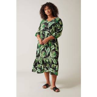 Evans Evans Curve Green Palm Print Tiered Midi Dress - EU 46 (UK 18)