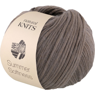 Lana Grossa Summer Softness 19 Grafitgrå Indhold:80% bomuld, 20% merinould Vægt/længde:50 g = ca. 130 meter Anbefalede pinde: 5.50-6.00 mm Strikkefasthed:10 x 10 cm = 17 m x 22 p Vask: Finvask max 30°C / Tørres fladt.