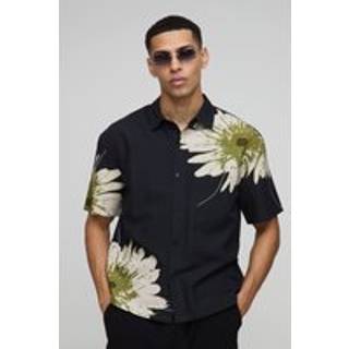 Mens Black Oversized Floral Print Linen Look Shirt