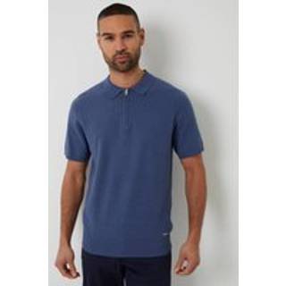 Threadbare Threadbare Denim Blue Textured Front Quarter Zip Knitted Polo Shirt