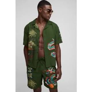 Mens Khaki Oversized Dragon Print Linen Look Shirt & Short Set